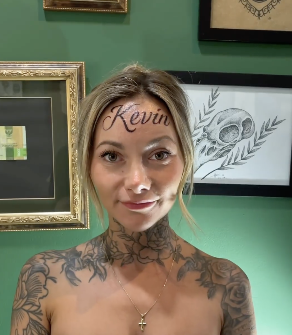 558750 woman gets boyfriends name tattooed on her forehead